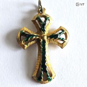 Vintage Celtic cross pendant charm gem enamel gold tone religious Christian